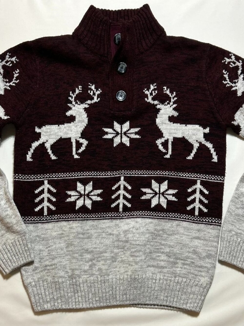 Amongst Others Fair Isle Knit Sweater (M); Maroon/Heather Gray; Mock-Neck;